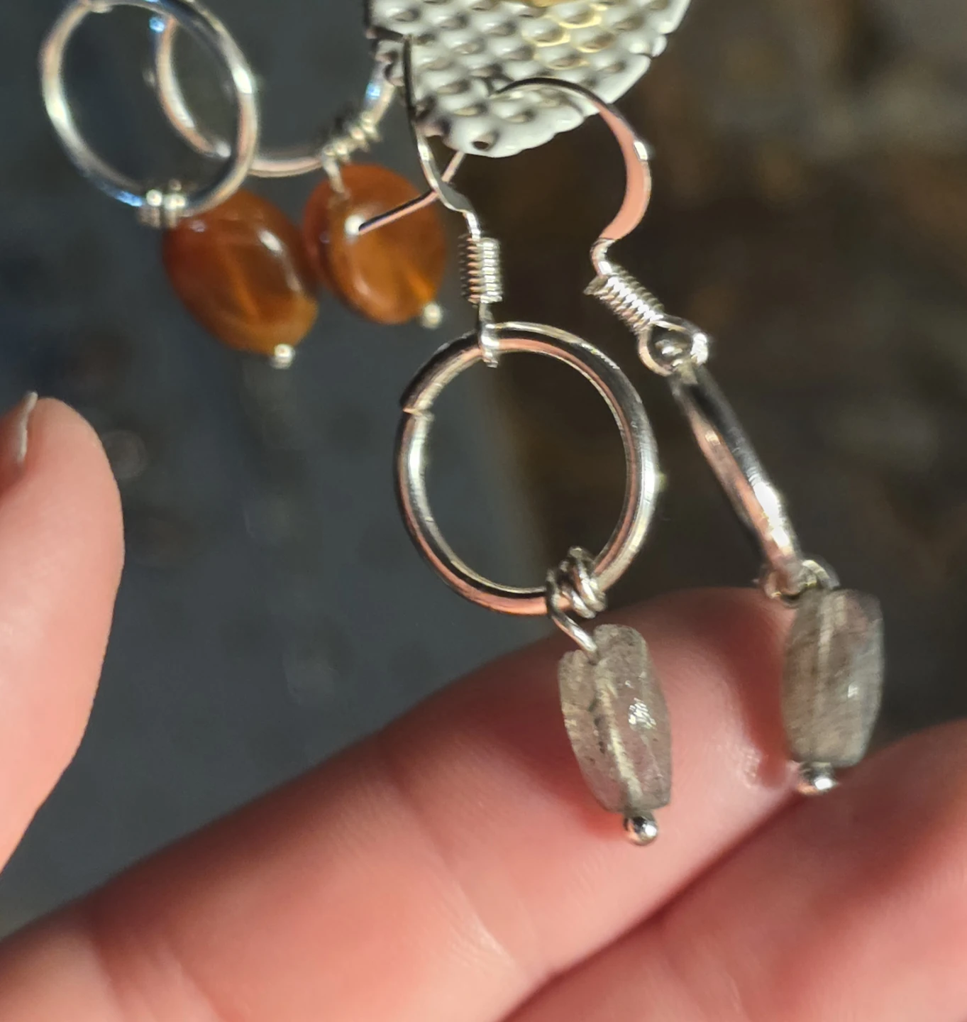 Silver Hoop Earrings with Labradorite Gemstones - photo 2