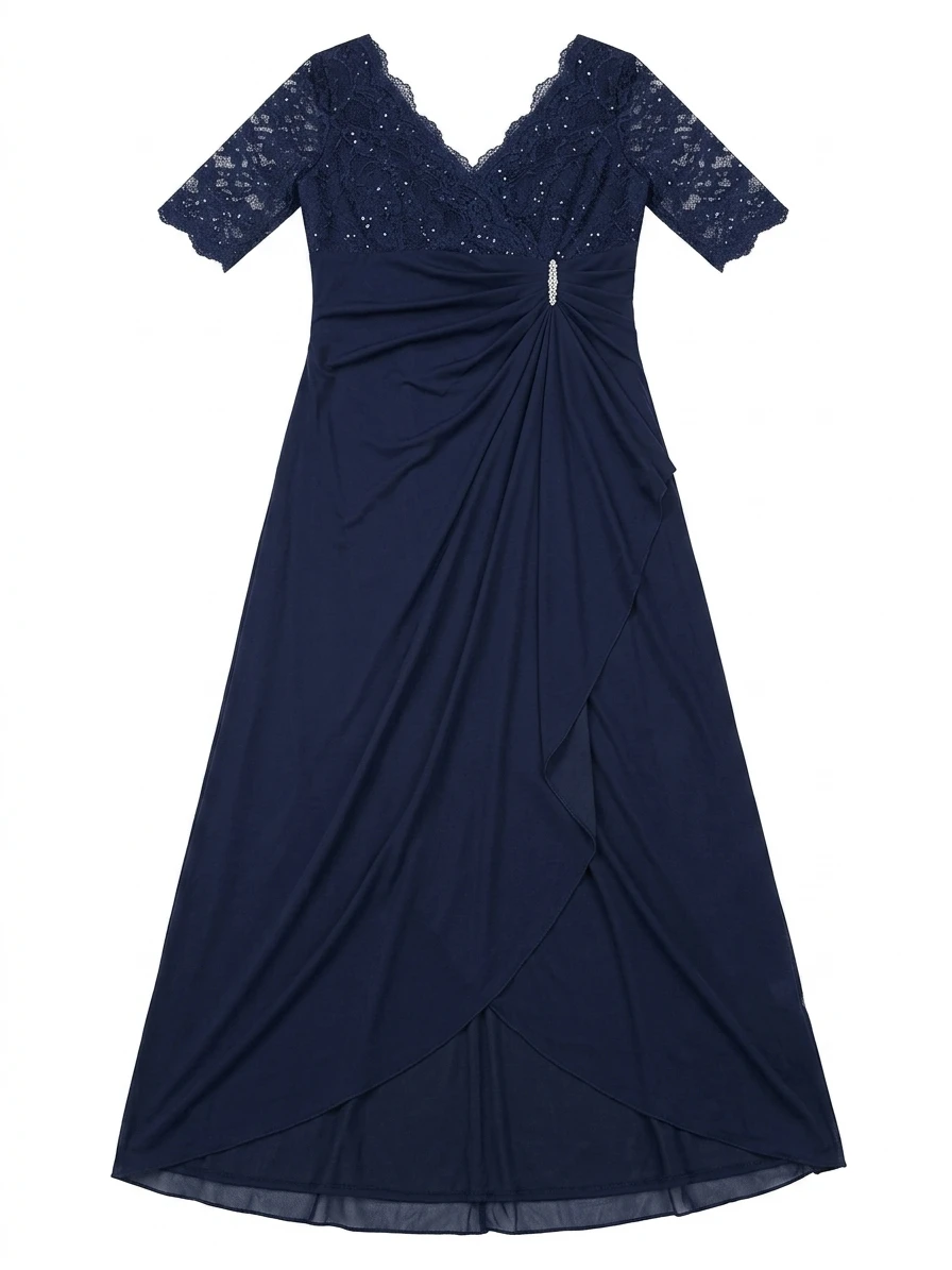 Navy Blue Lace Sleeve V-Neck Evening Dress