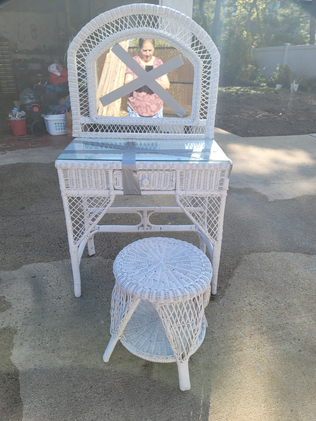 White Wicker Vanity Dressing Table with Mirror and Stool