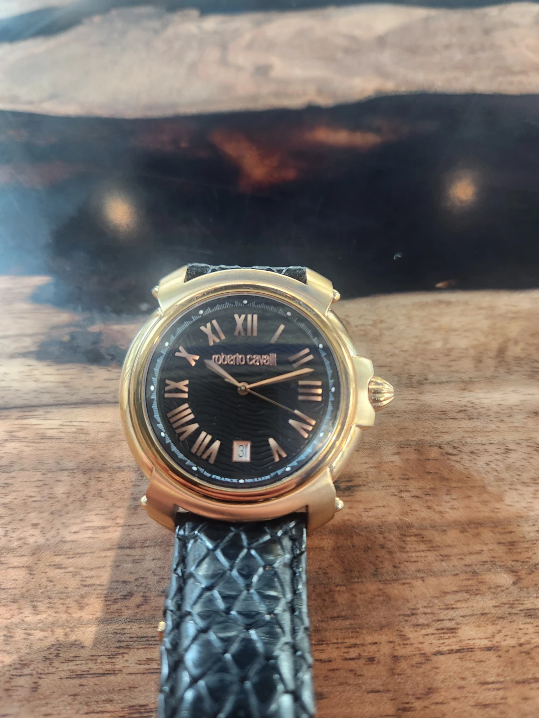 Roberto Cavalli Gold-Tone Watch with Black Leather Strap