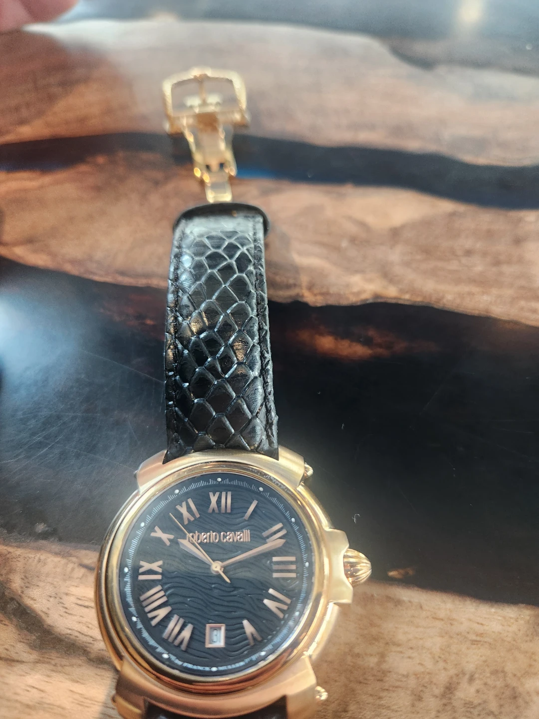 Roberto Cavalli Gold-Tone Watch with Black Leather Strap - photo 2