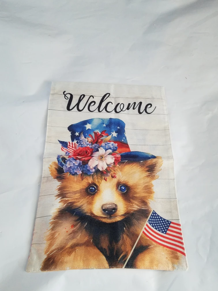 Welcome Garden Flag with Bear and American Flags