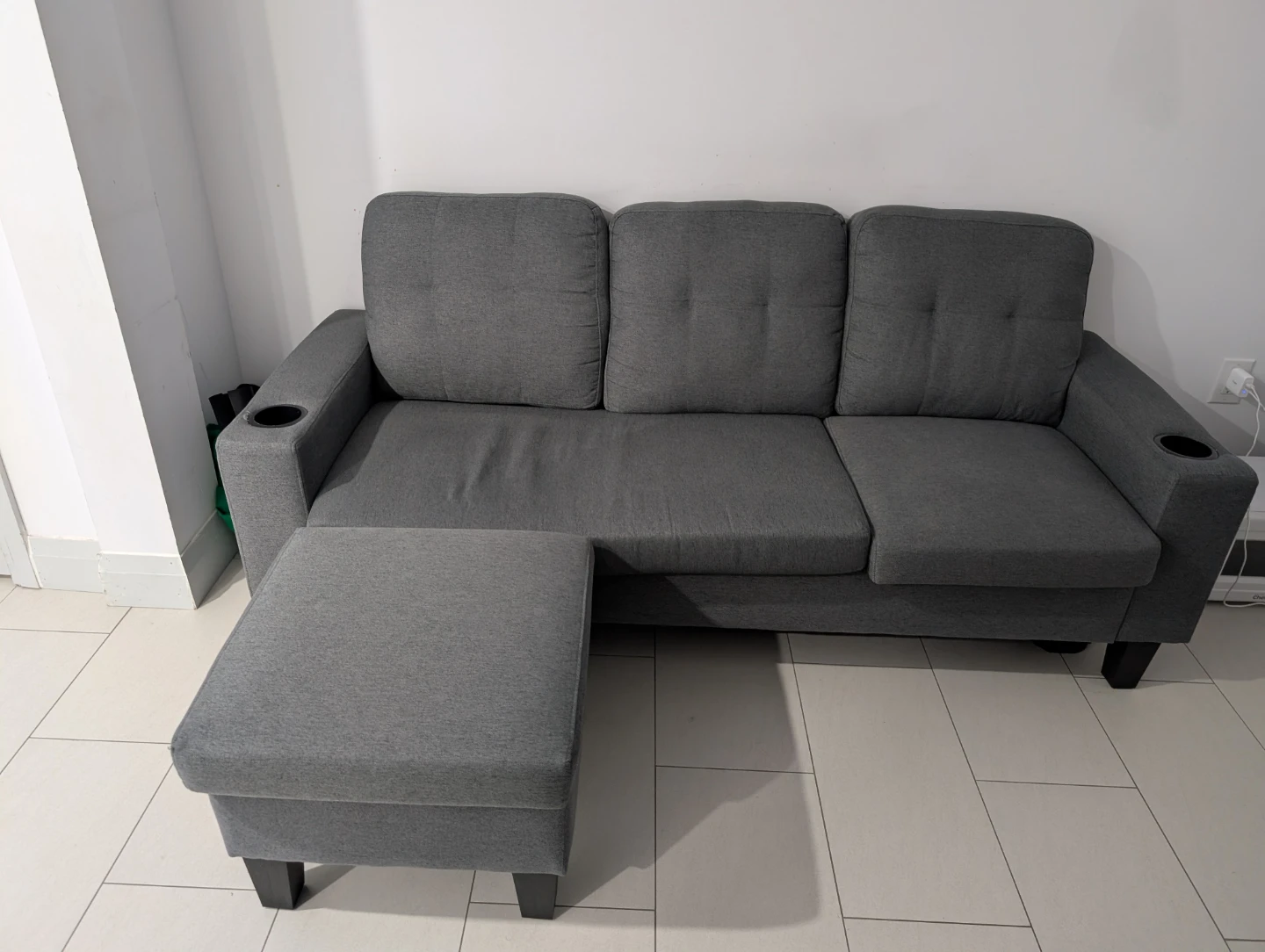 Grey Sofa with Ottoman and Cup Holders