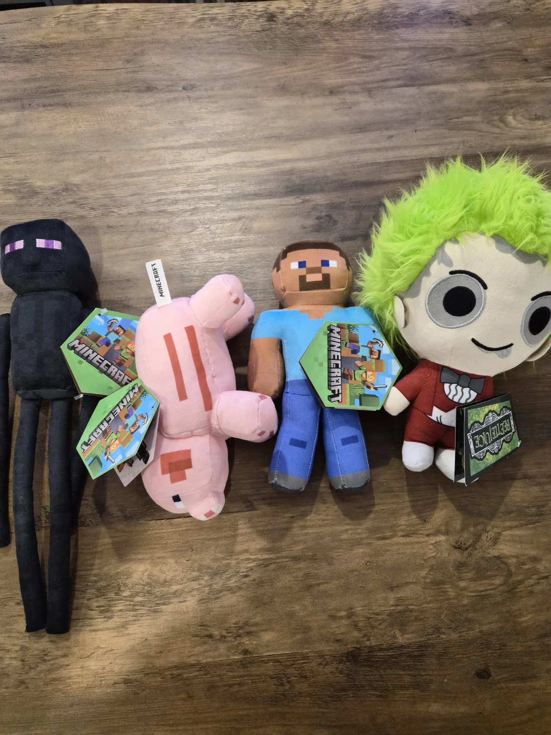 Minecraft Plush Toys (Enderman, Pig, Steve) & Beetlejuice Plush