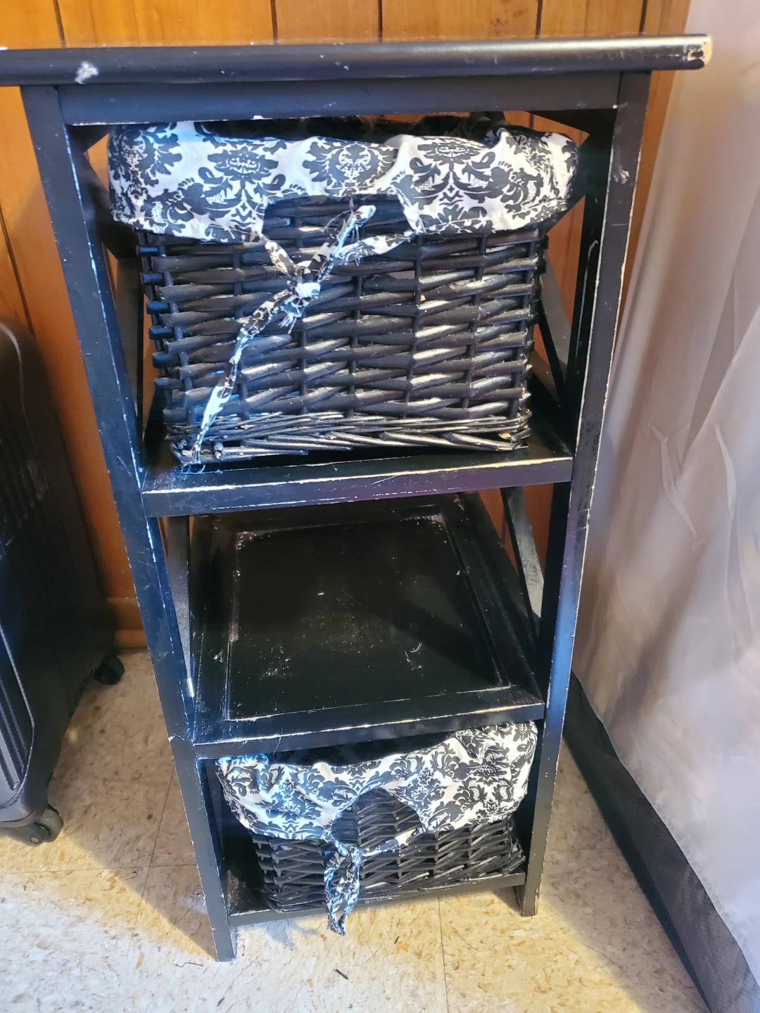 Black Wicker Storage Shelf with Baskets