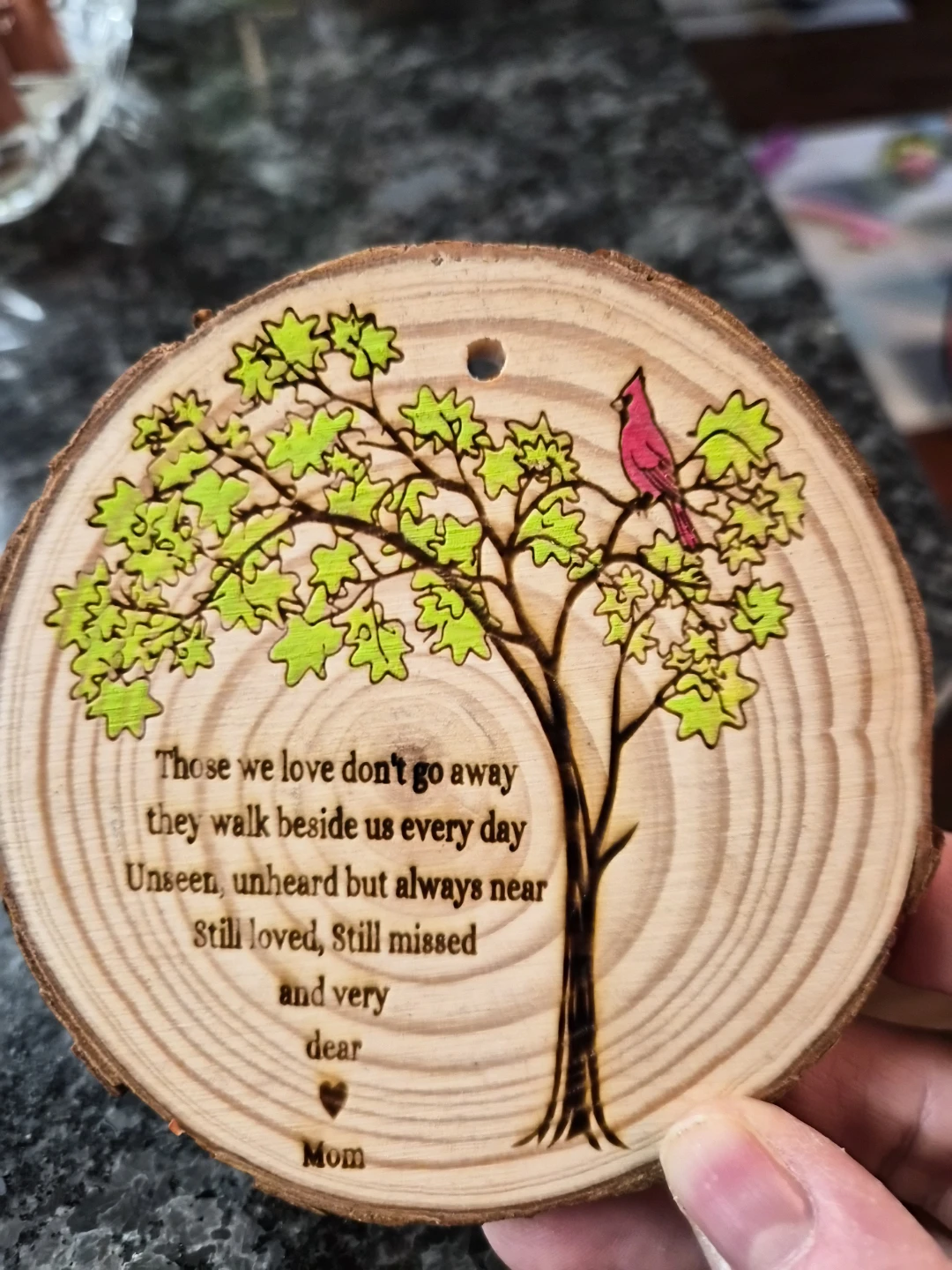 Wood Slice Memorial Ornament Cardinal Tree "Mom"