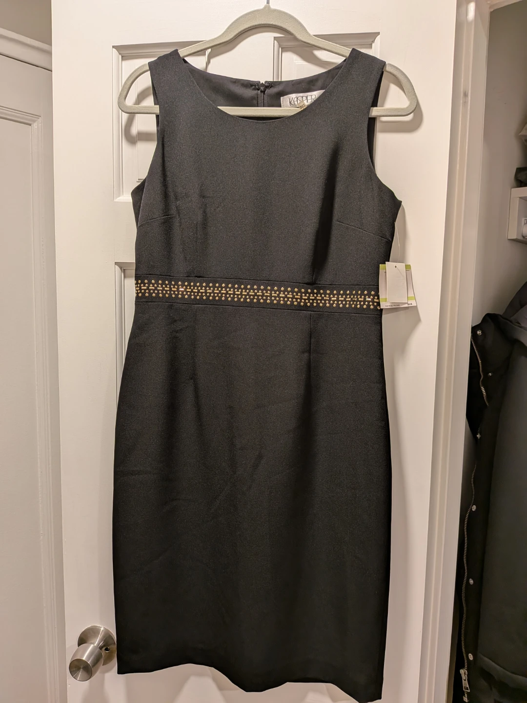 Kasper Black Sleeveless Sheath Dress with Embellished Waist