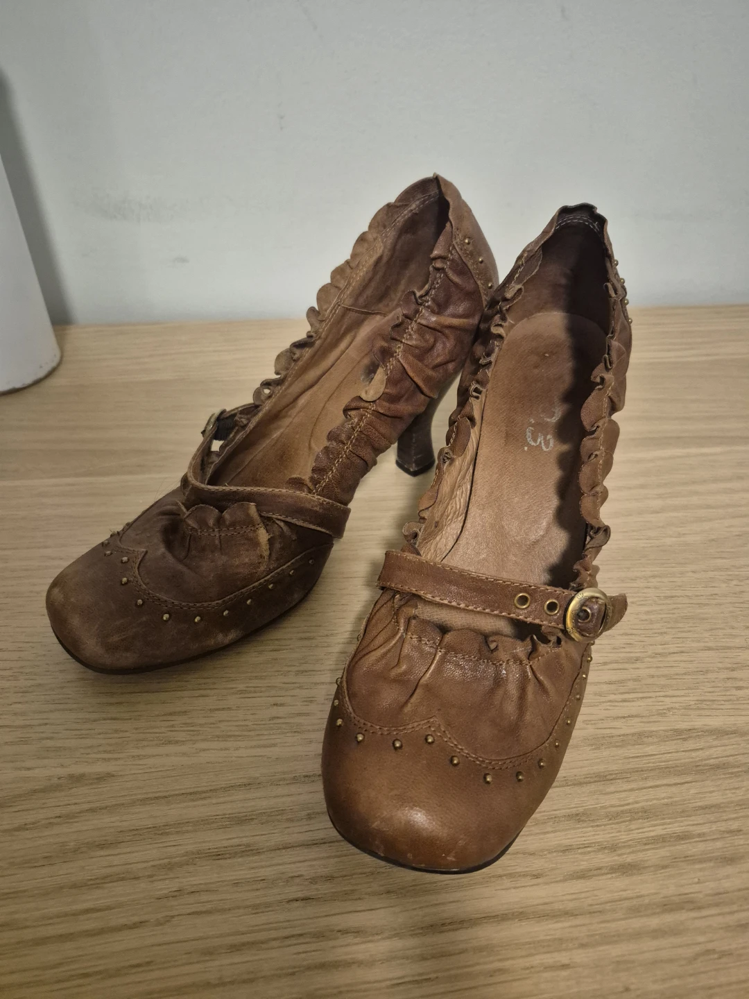 Brown Leather Mary Jane Heels with Studs