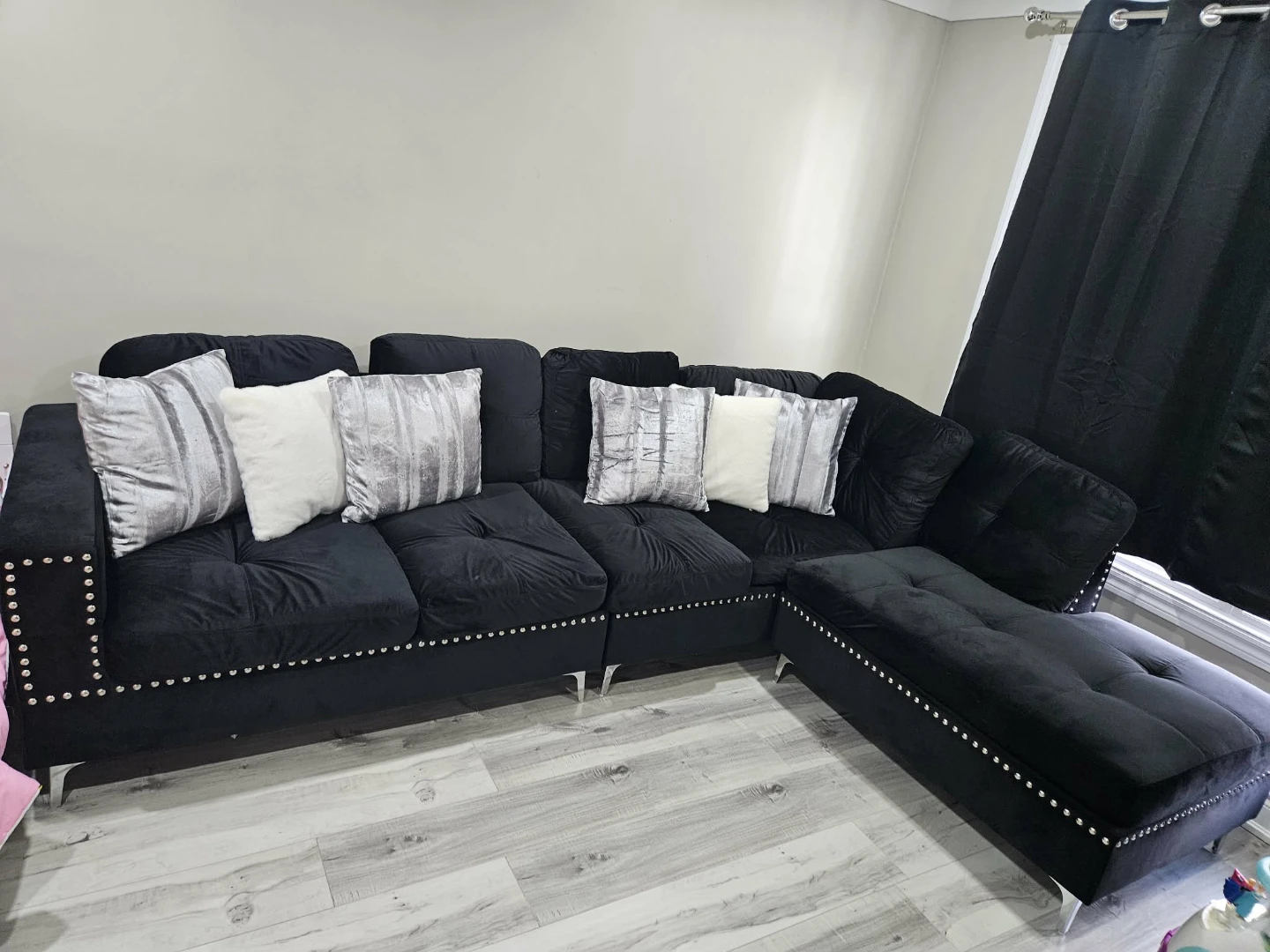 Black Velvet Sectional Sofa with Studded Accents