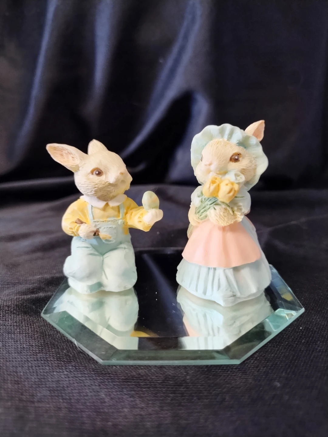 Easter Bunny Figurines with Flowers and Egg