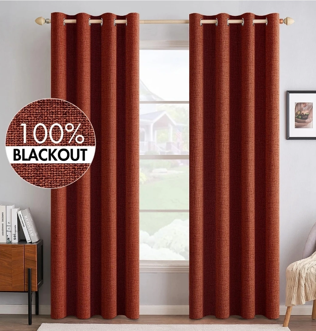 Heavy-duty 100% Blackout Faux Linen Curtains - Orange