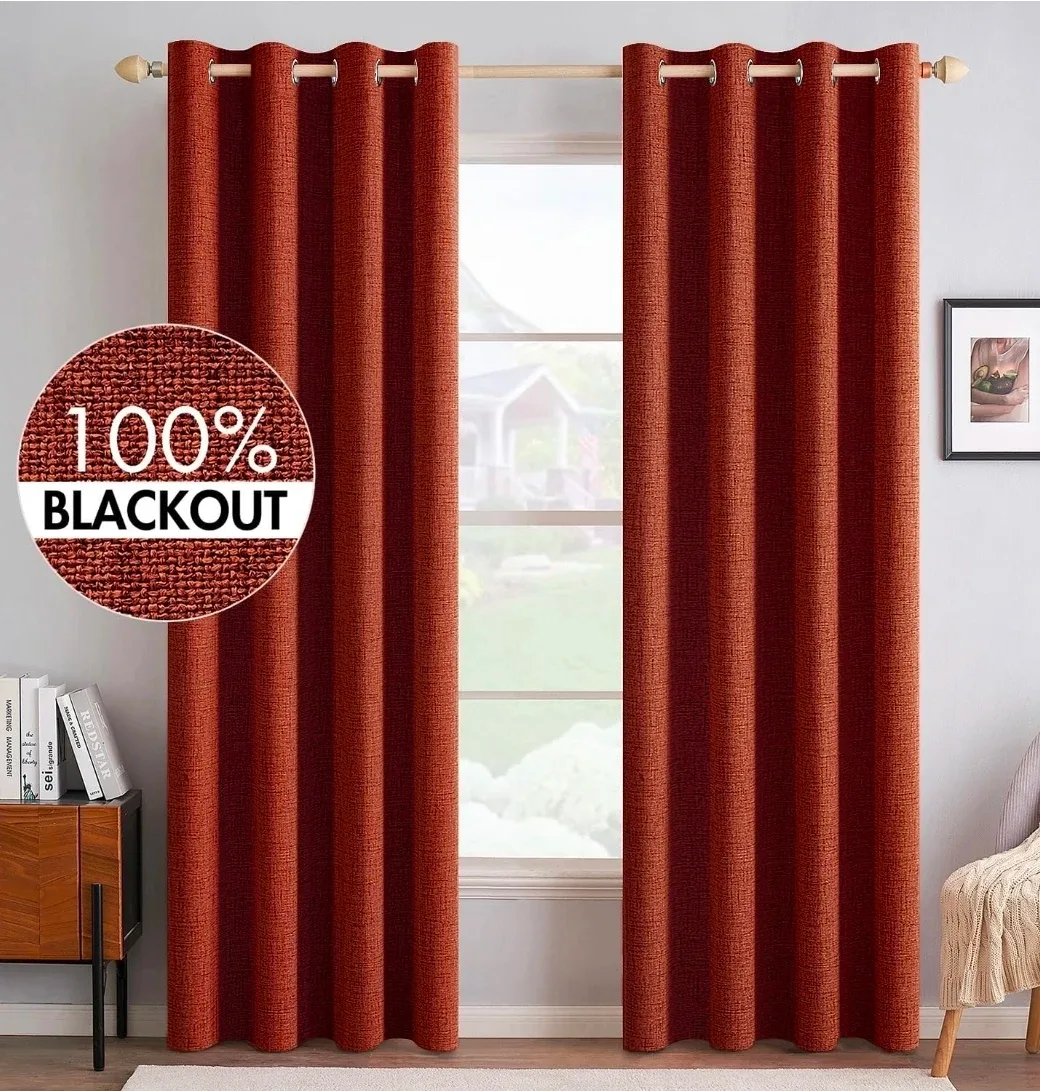 Heavy-duty 100% Blackout Faux Linen Curtains - Orange