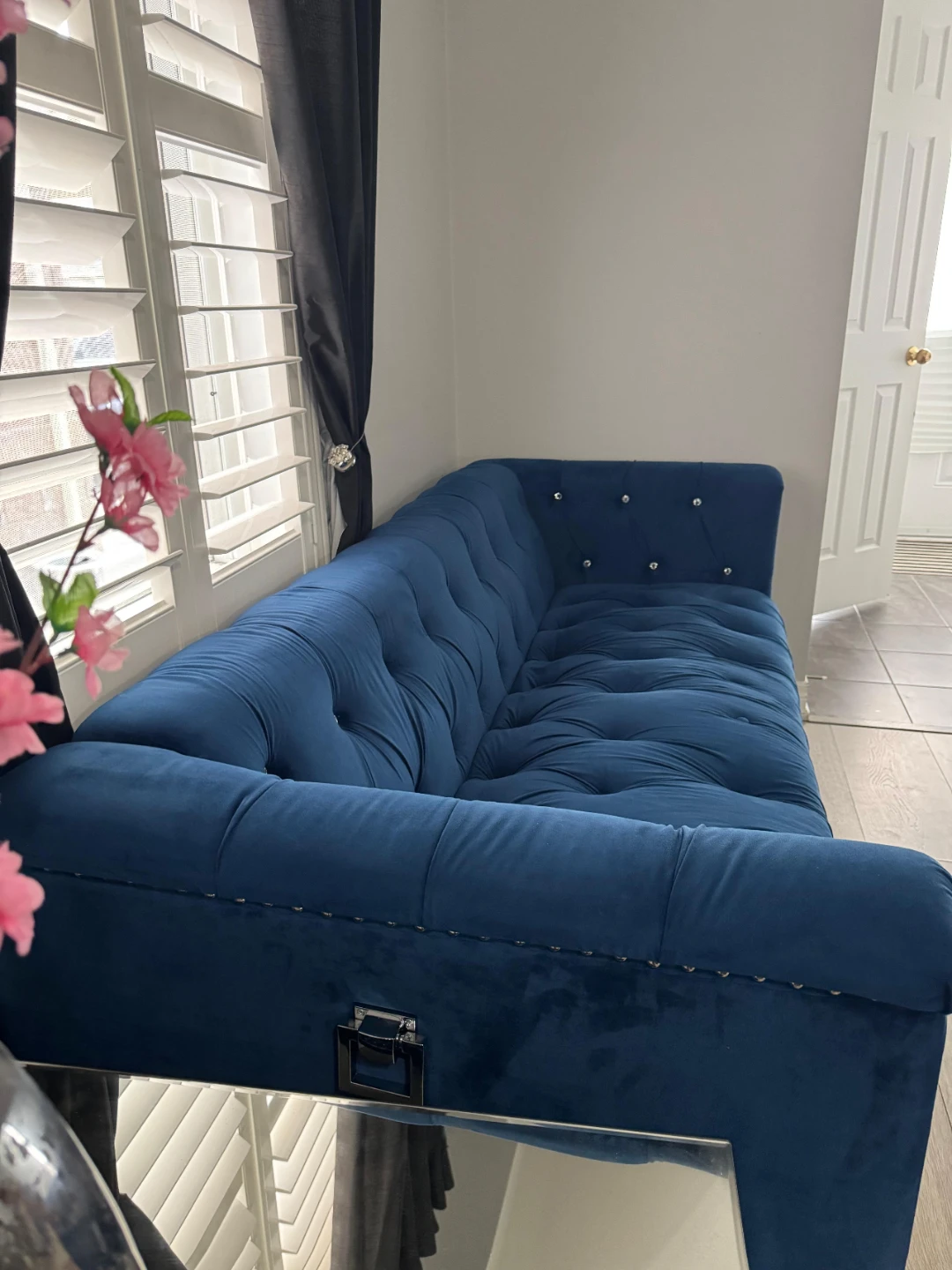 Blue Velvet Tufted Sofa with Crystal Accents - photo 3