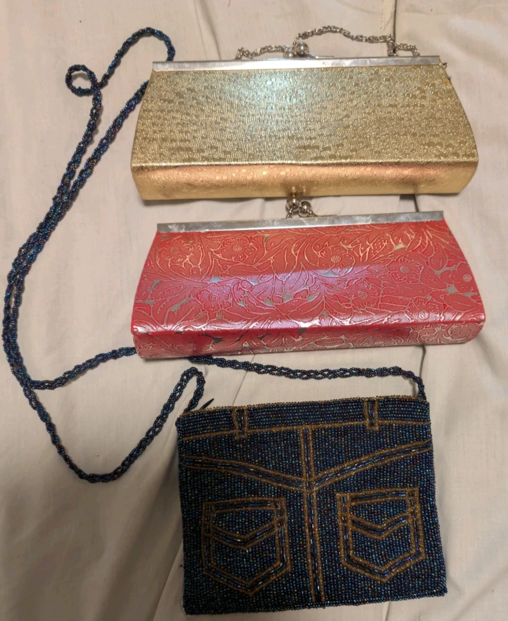 Three Clutches: Gold, Red Floral, and Beaded Denim Style