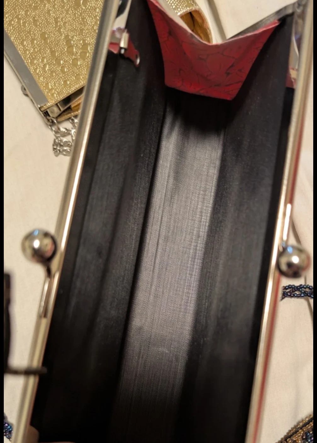 Three Clutches: Gold, Red Floral, and Beaded Denim Style - photo 3