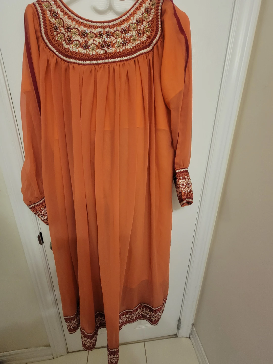 Orange Sheer Embroidered Dress with Red Pants