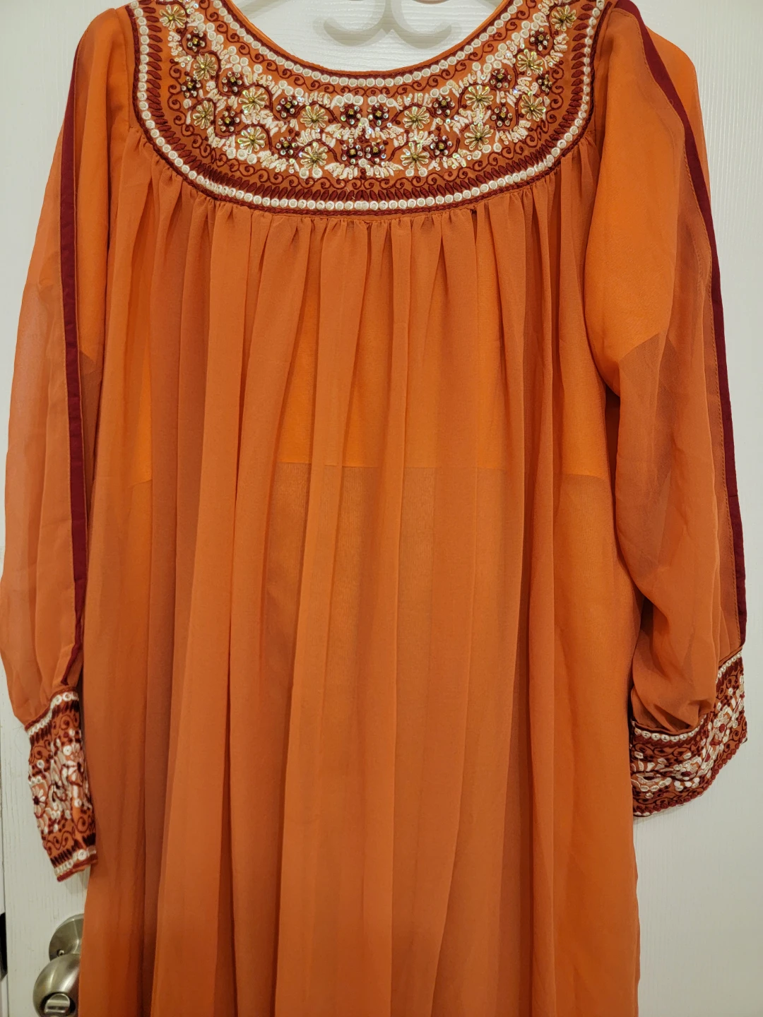 Orange Sheer Embroidered Dress with Red Pants - photo 3