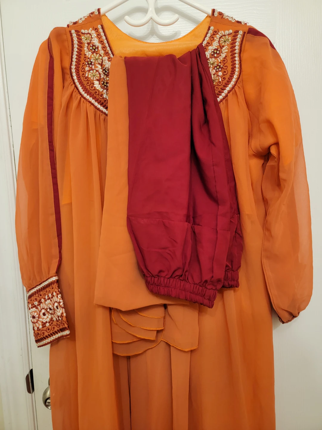 Orange Sheer Embroidered Dress with Red Pants - photo 4