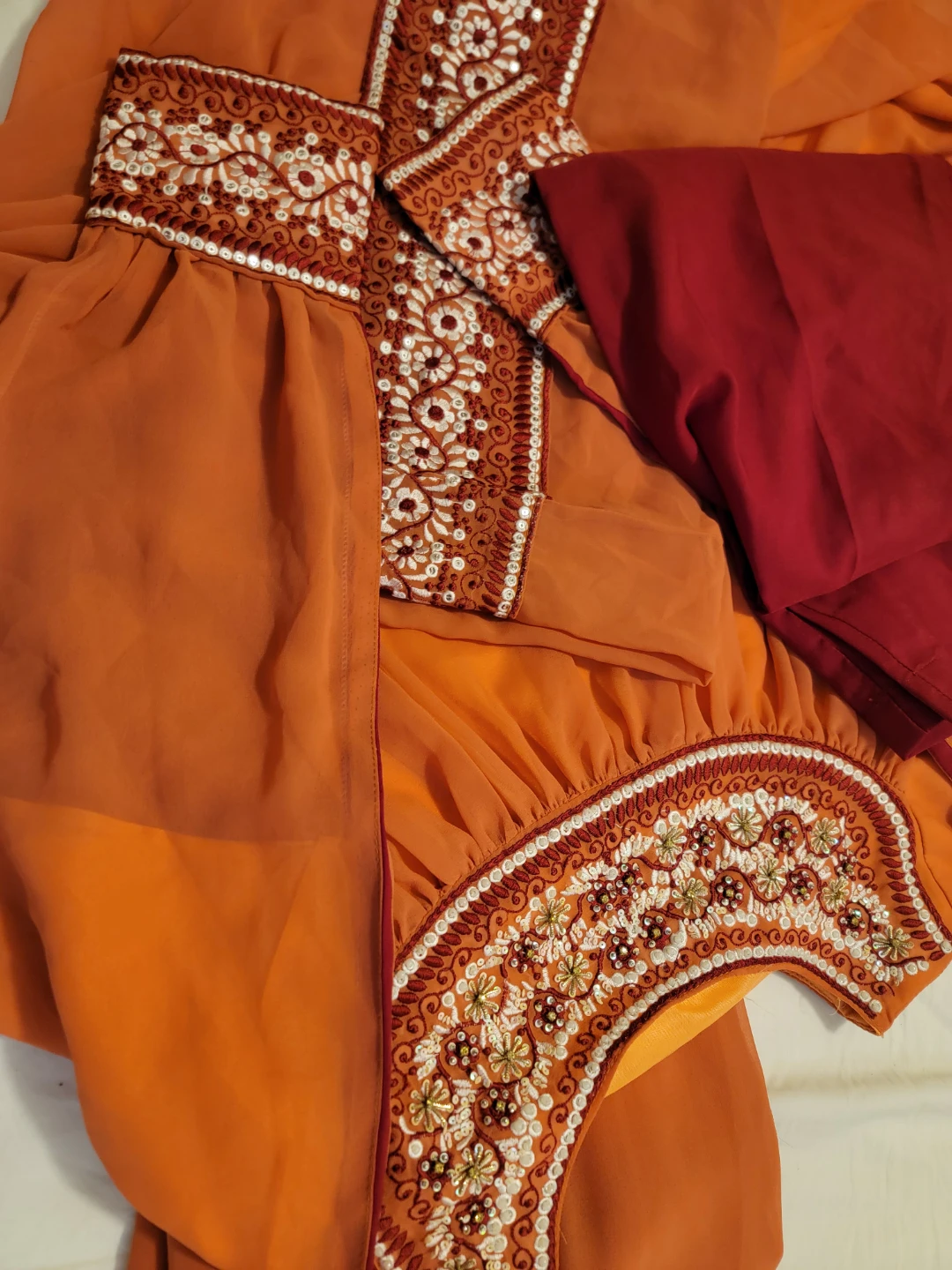 Orange Sheer Embroidered Dress with Red Pants - photo 5