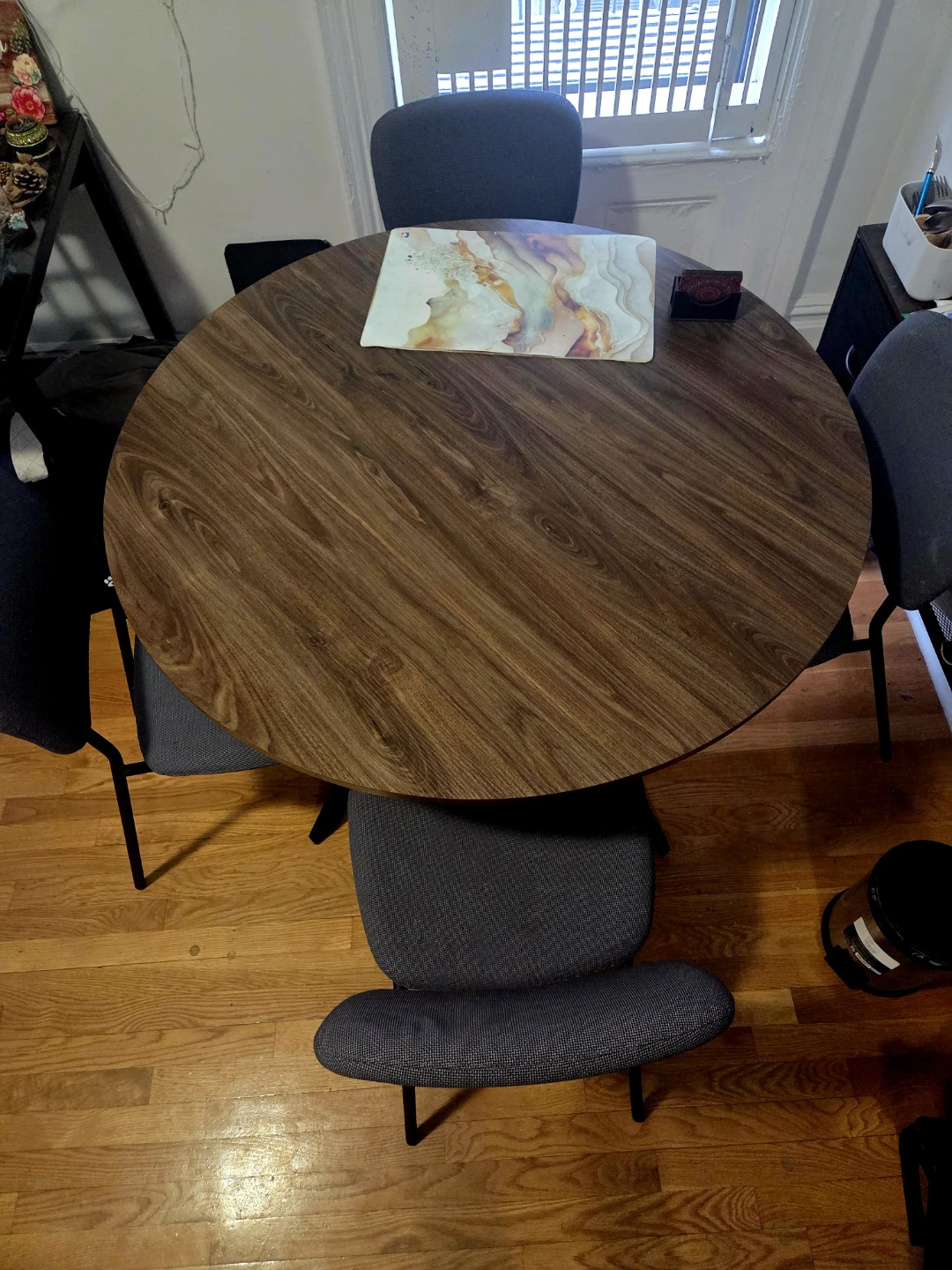 Round Walnut Dining Table with 4 Gray Chairs