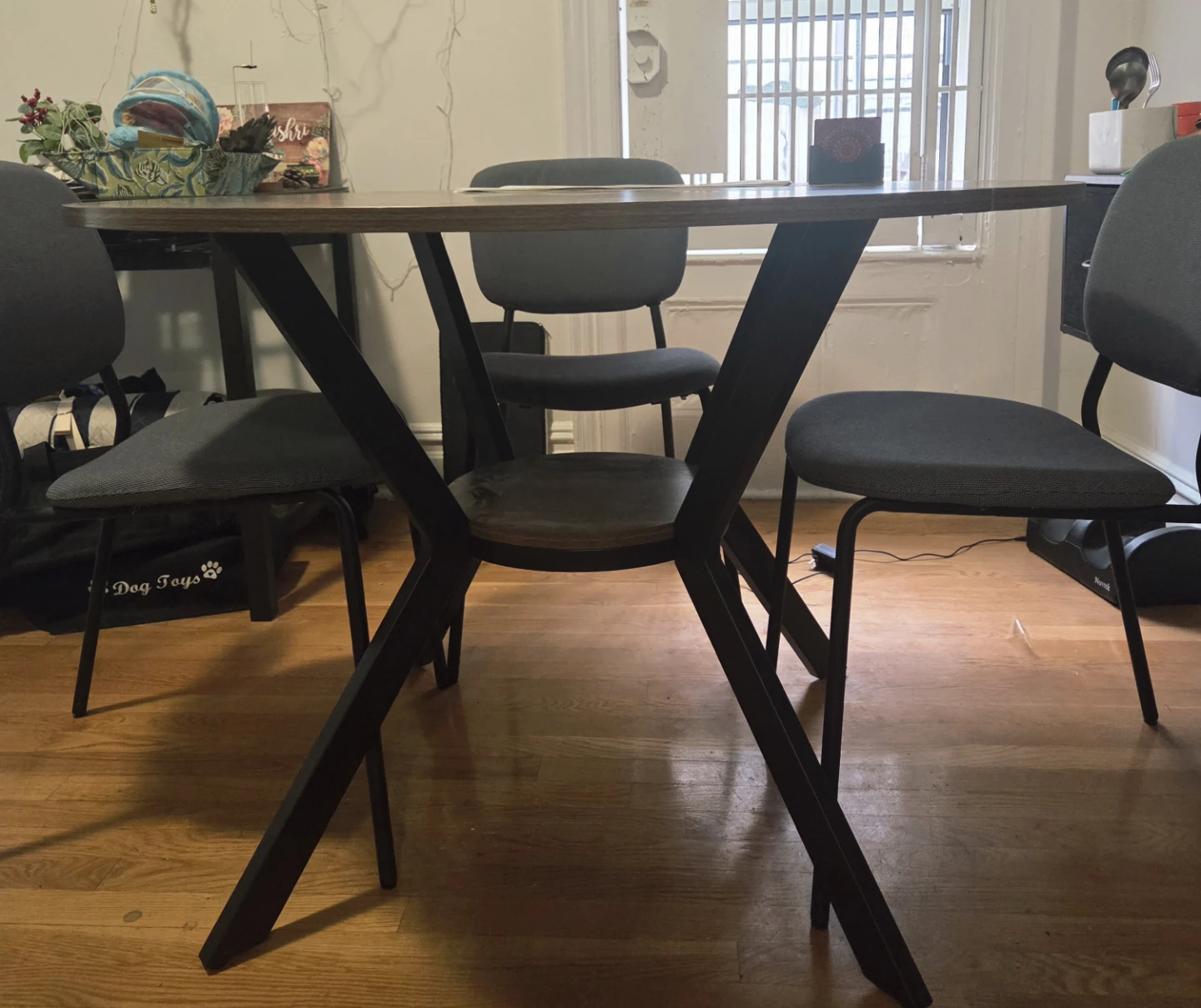 Round Walnut Dining Table with 4 Gray Chairs - photo 2
