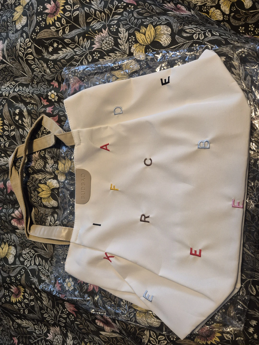 BUDBAO White Canvas Tote Bag with Embroidered Letters
