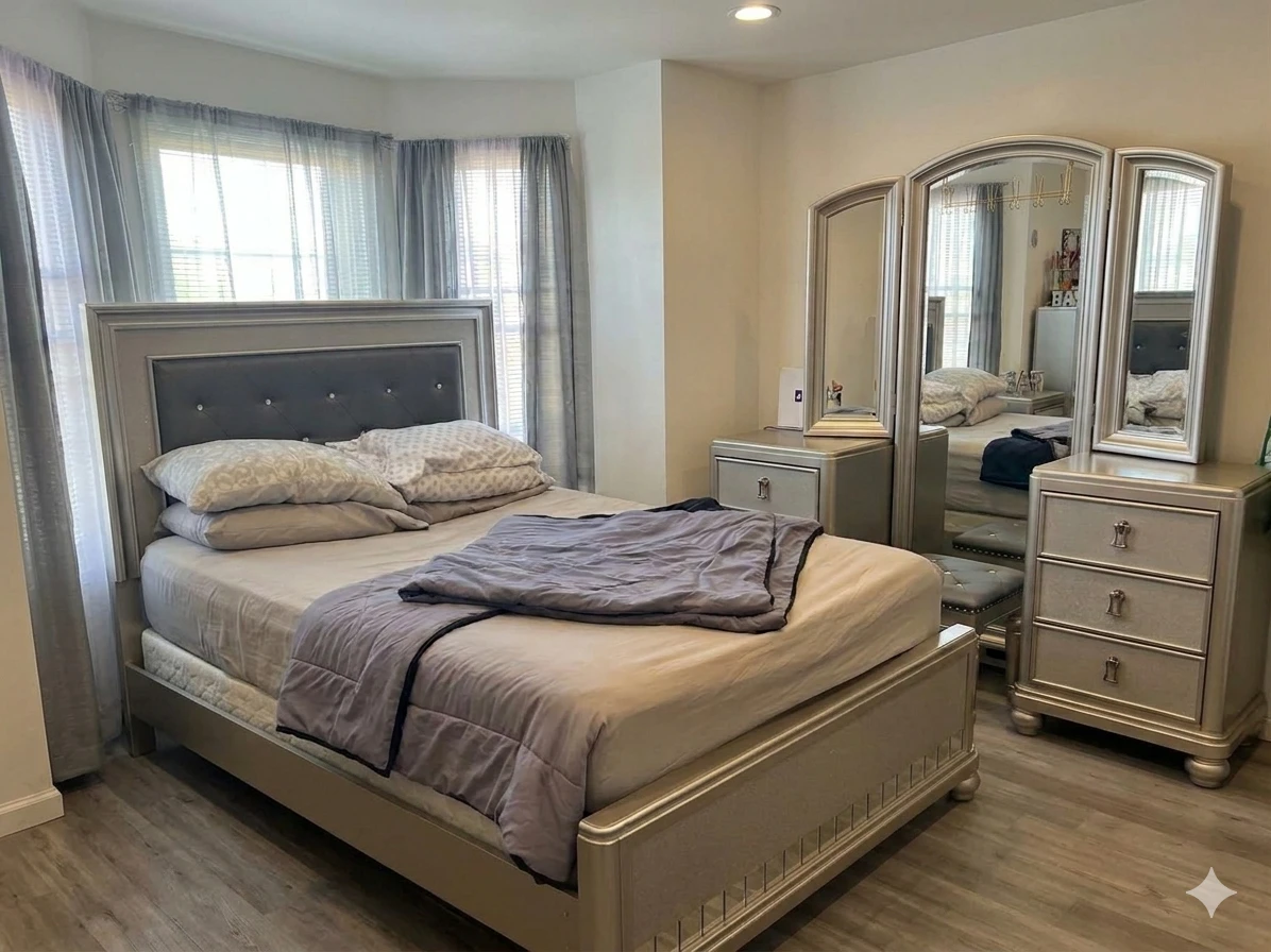 Silver Bedroom Set - Bed, Dressers, Mirror