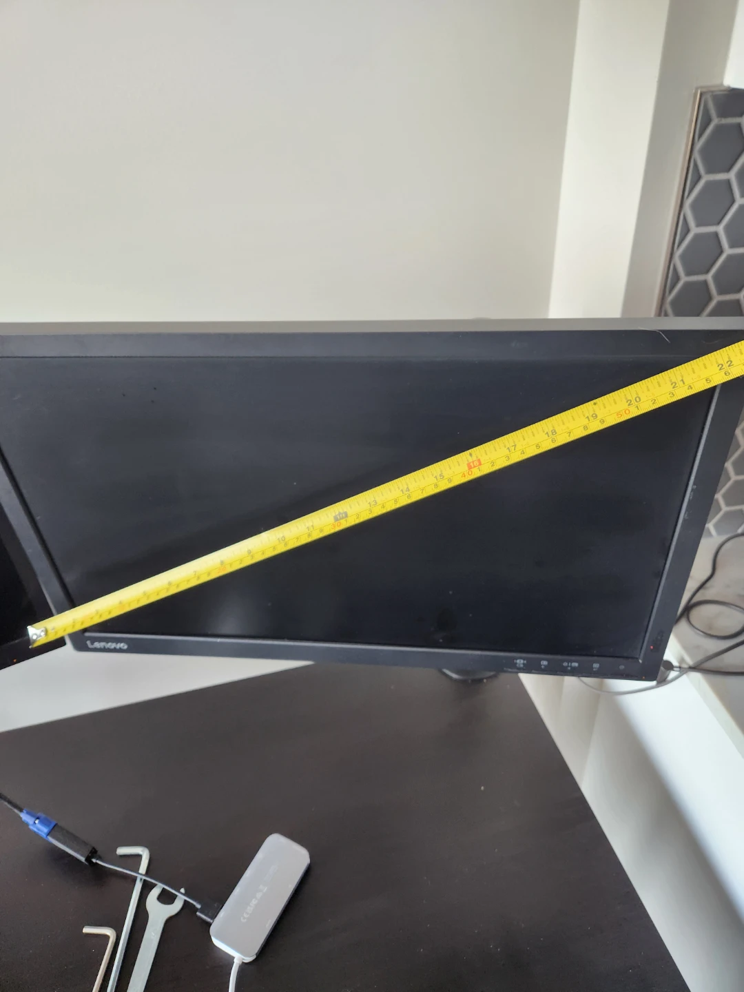 Two monitors, monitor arms, and desk - photo 3