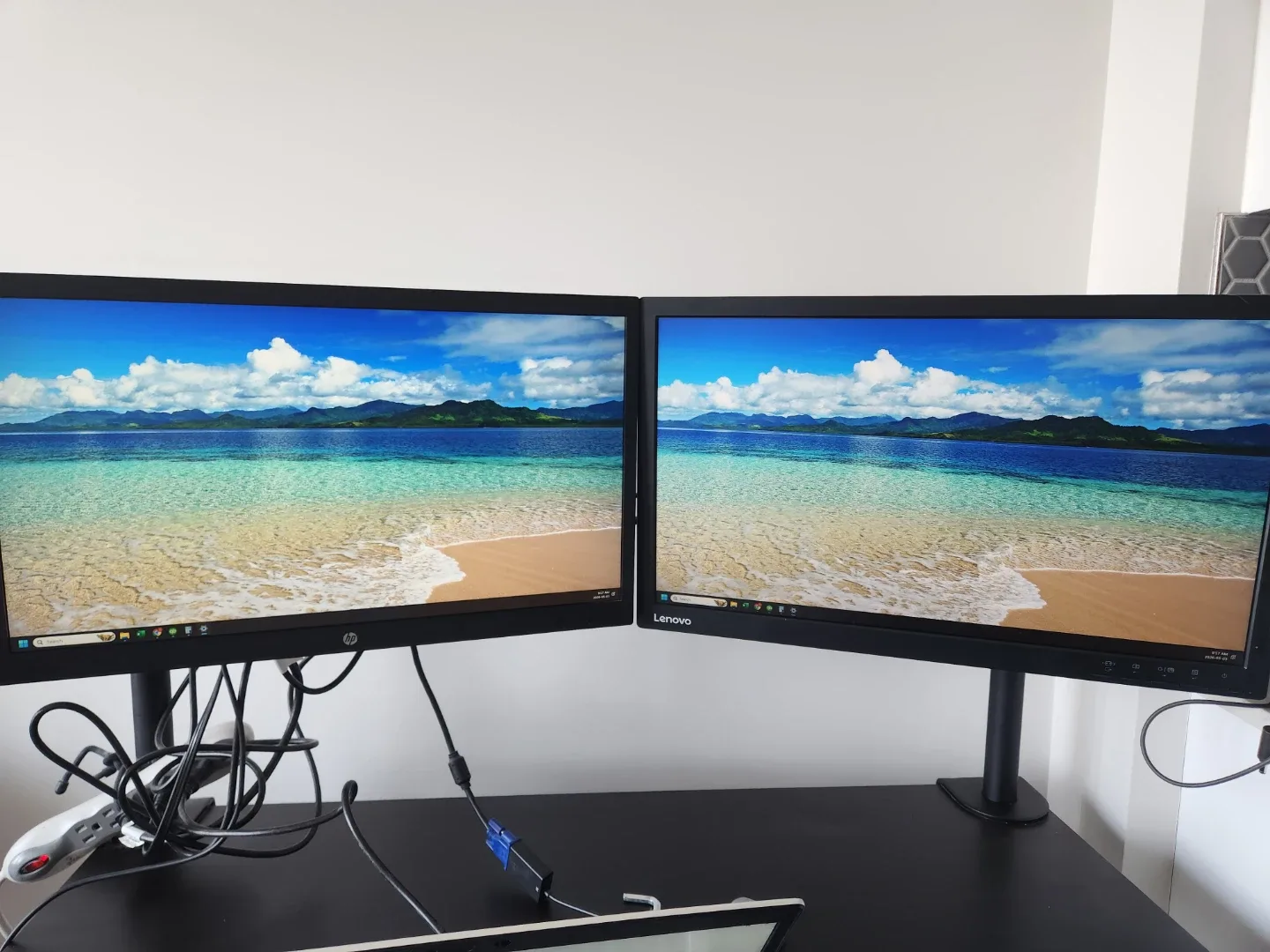 Two monitors, monitor arms, and desk - photo 4