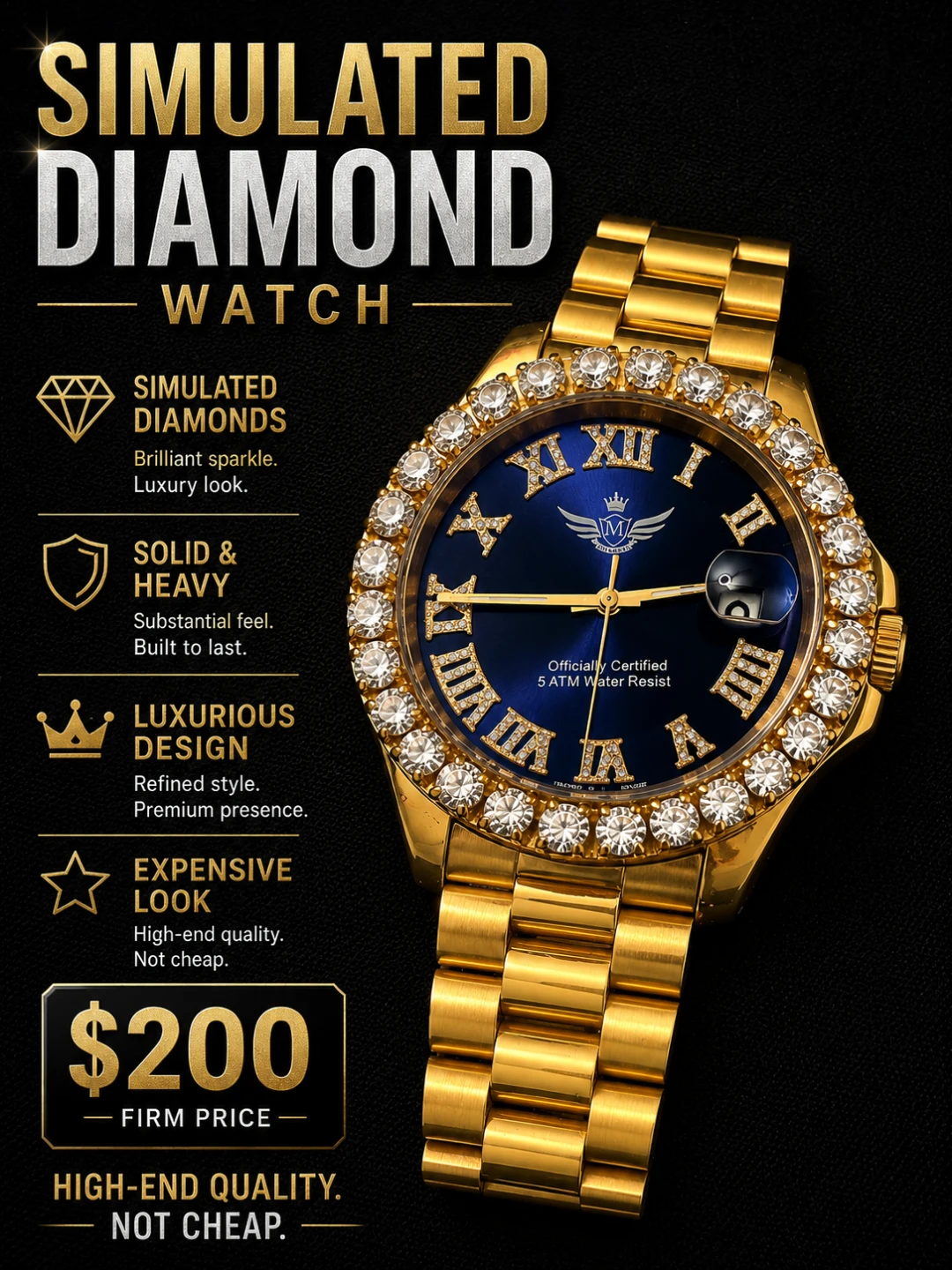 Simulated Diamond Watch Gold Tone