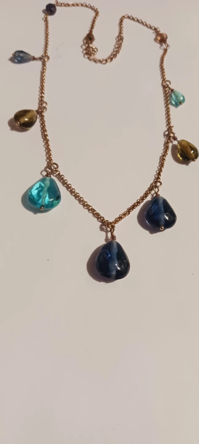 Gold tone necklace with assorted blue and green glass beads - photo 2