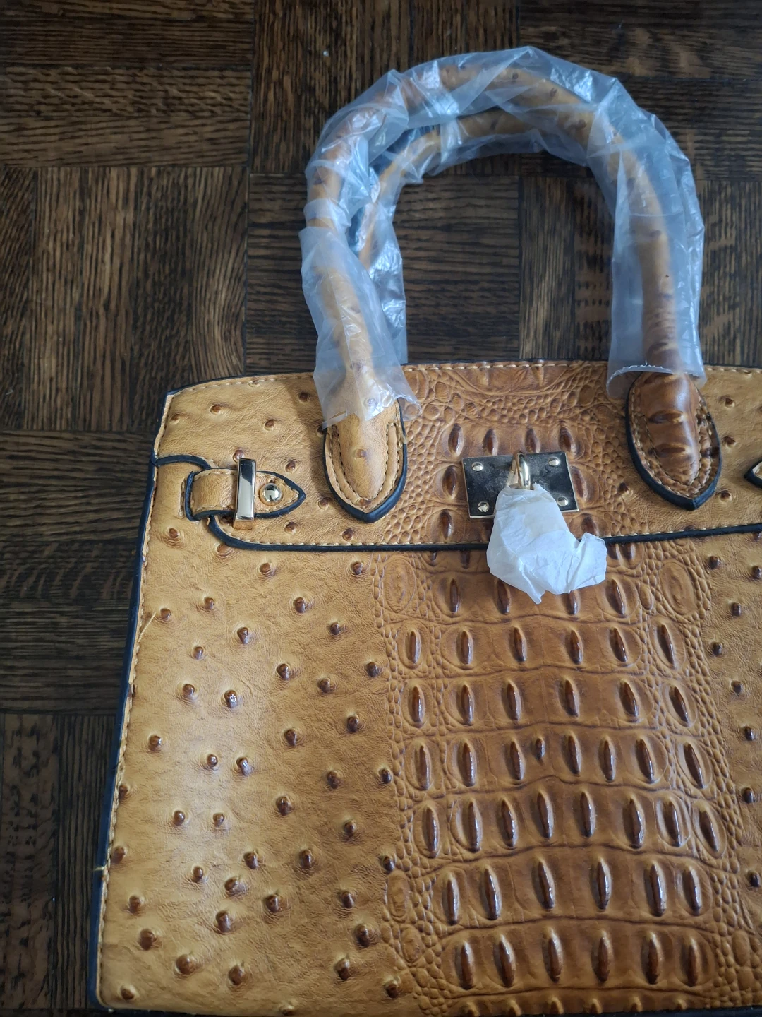 New. Tan Faux Leather Handbag with Crocodile & Ostrich Texture