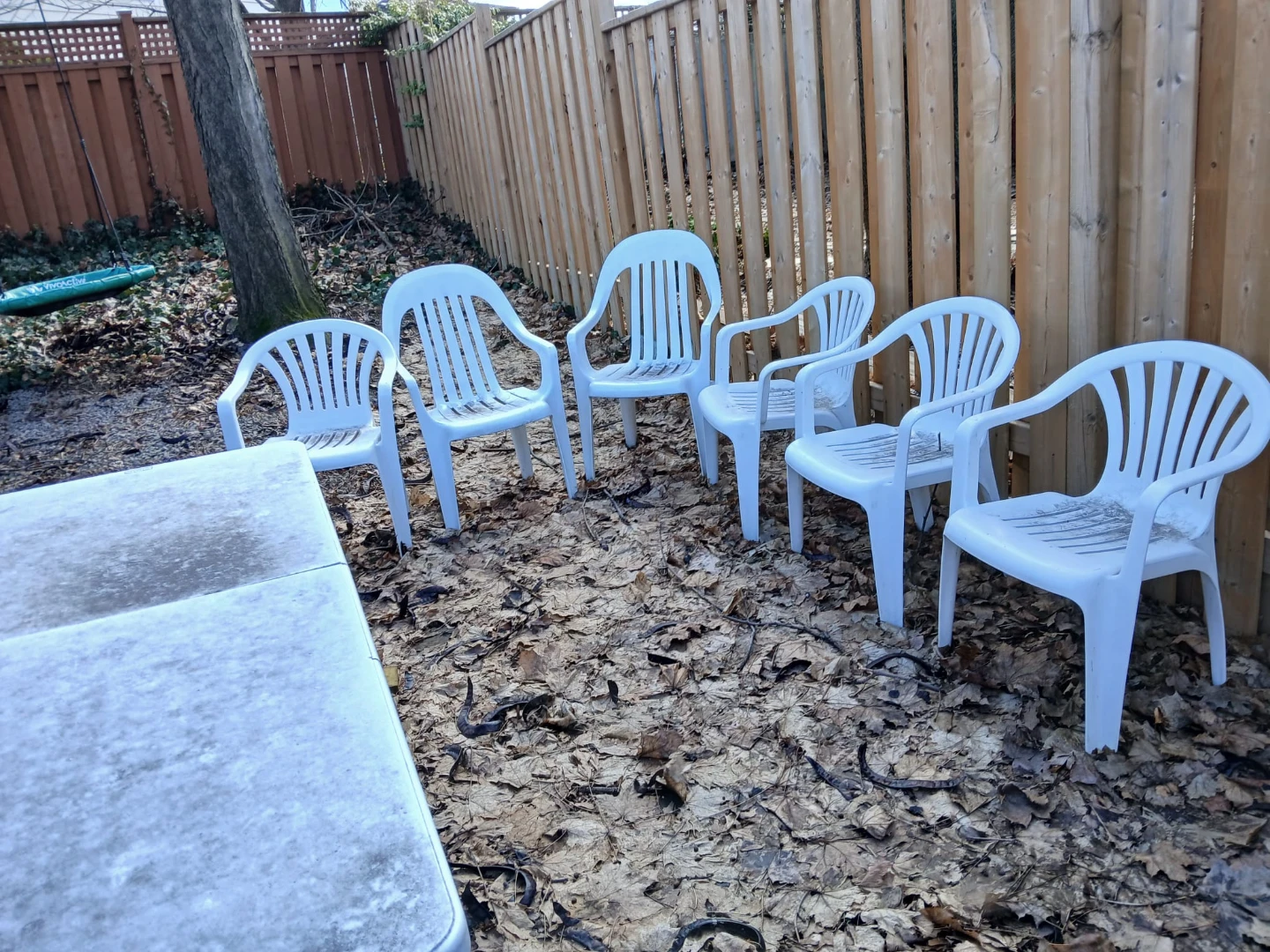 Set of 7 White Plastic Lawn Chairs with Table