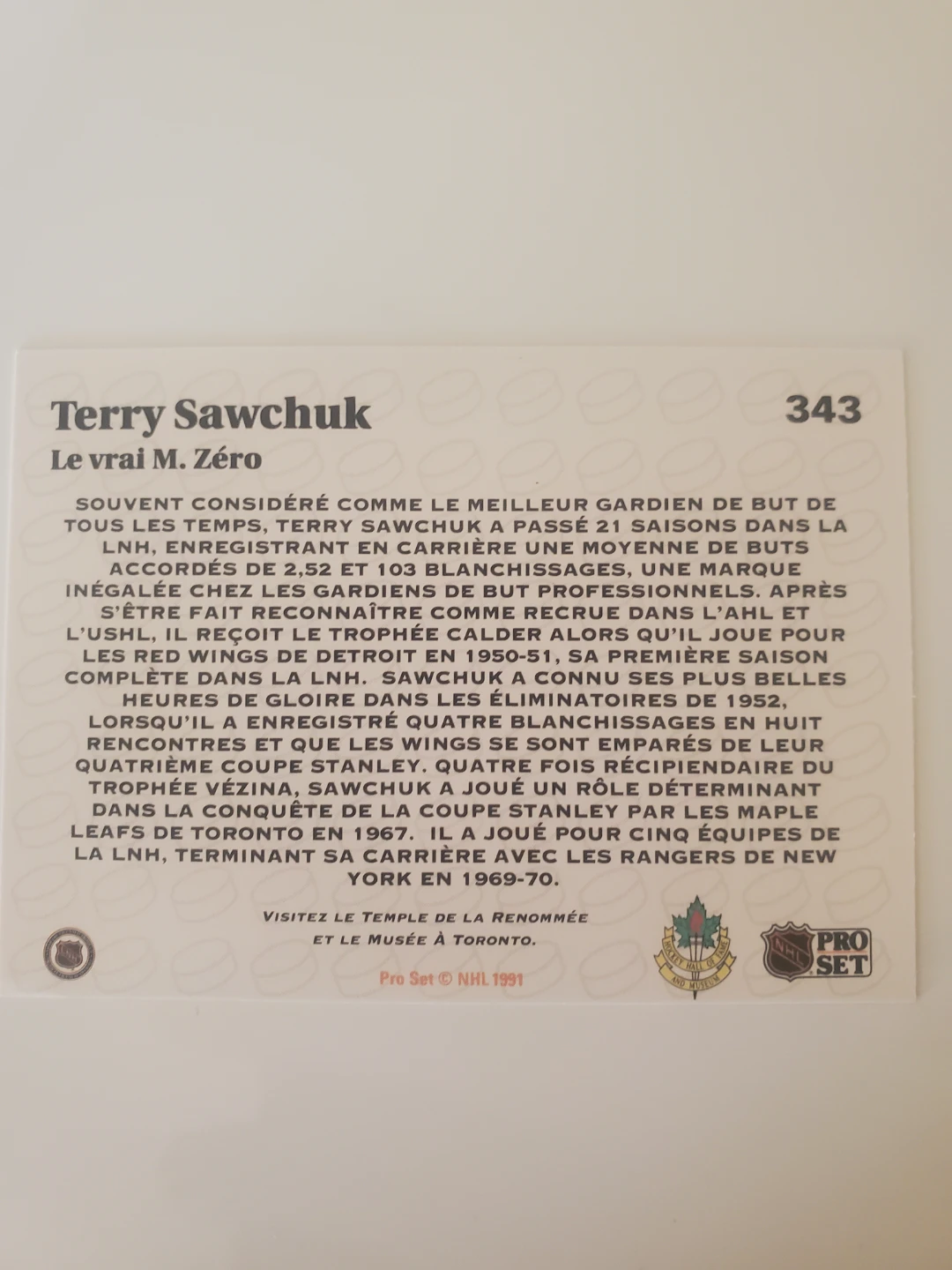 Pro Set Terry Sawchuk Hockey Card - photo 2