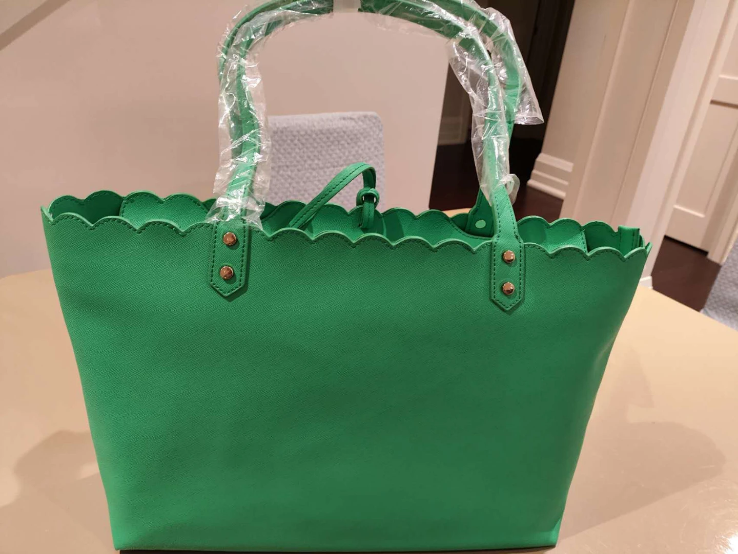 Genuine Leather Green Scalloped Tote Bag