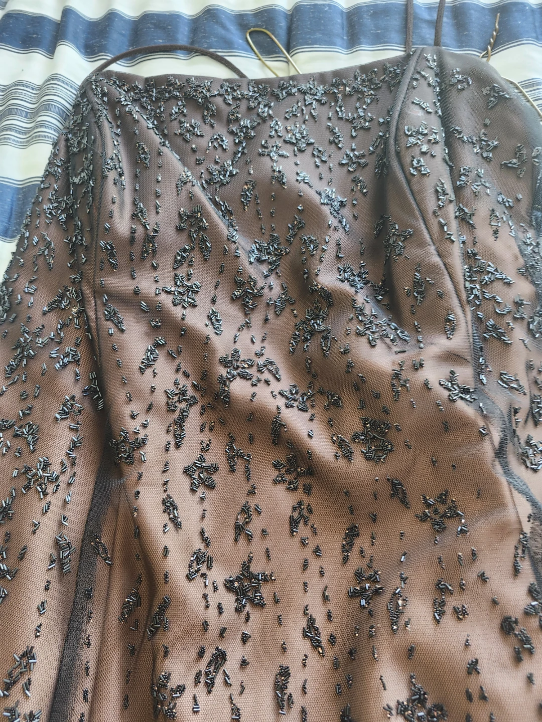 Brown Beaded Spaghetti Strap Formal Dress