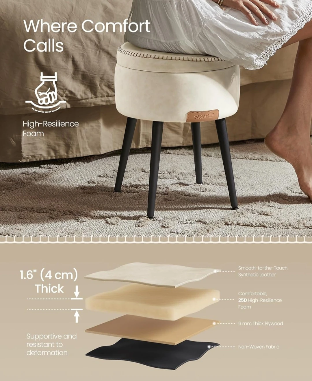 VASAGLE Storage Ottoman Stool Cream - photo 5