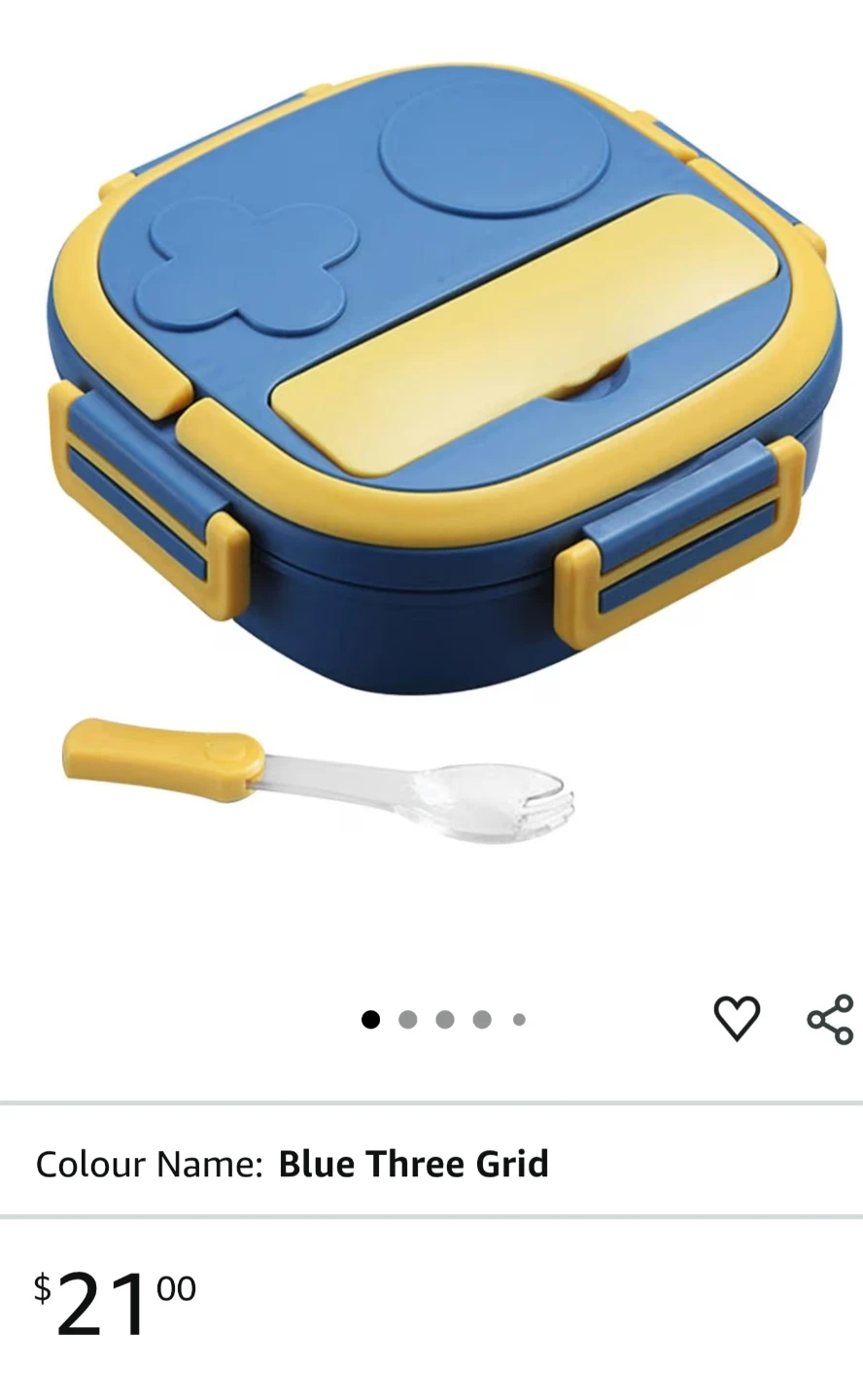 Blue Three Grid Stainless Steel Lunch Box with Spoon
