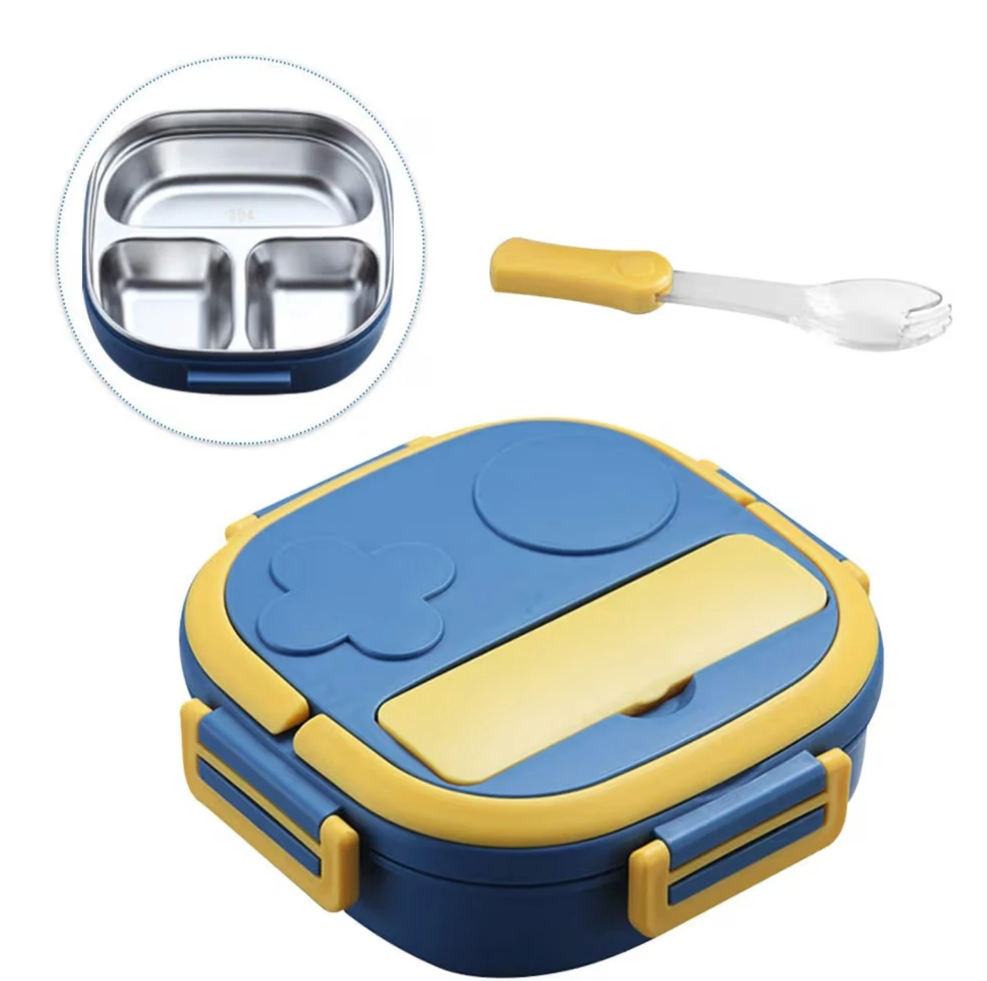 Blue Three Grid Stainless Steel Lunch Box with Spoon - photo 3
