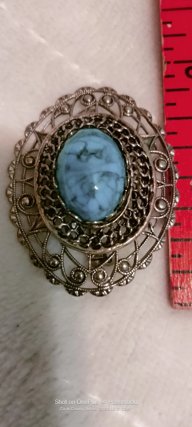 Vintage Ornate Filigree Brooch with Blue Stone