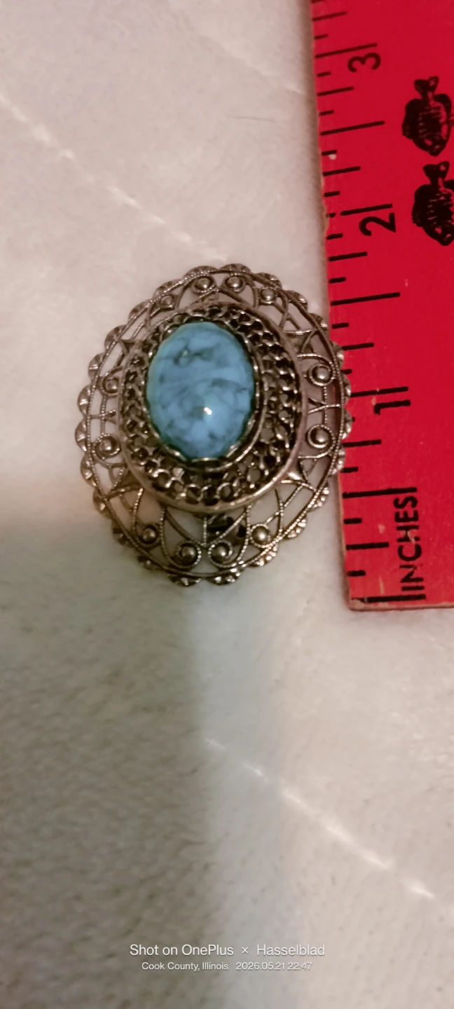 Vintage Ornate Filigree Brooch with Blue Stone - photo 2