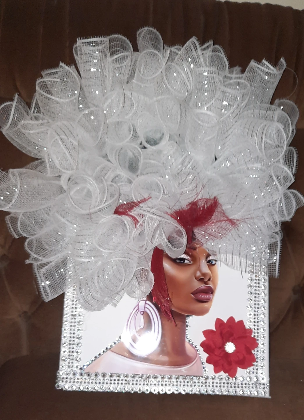 Decorative Wall Art with Woman Portrait and White Mesh Ruffle
