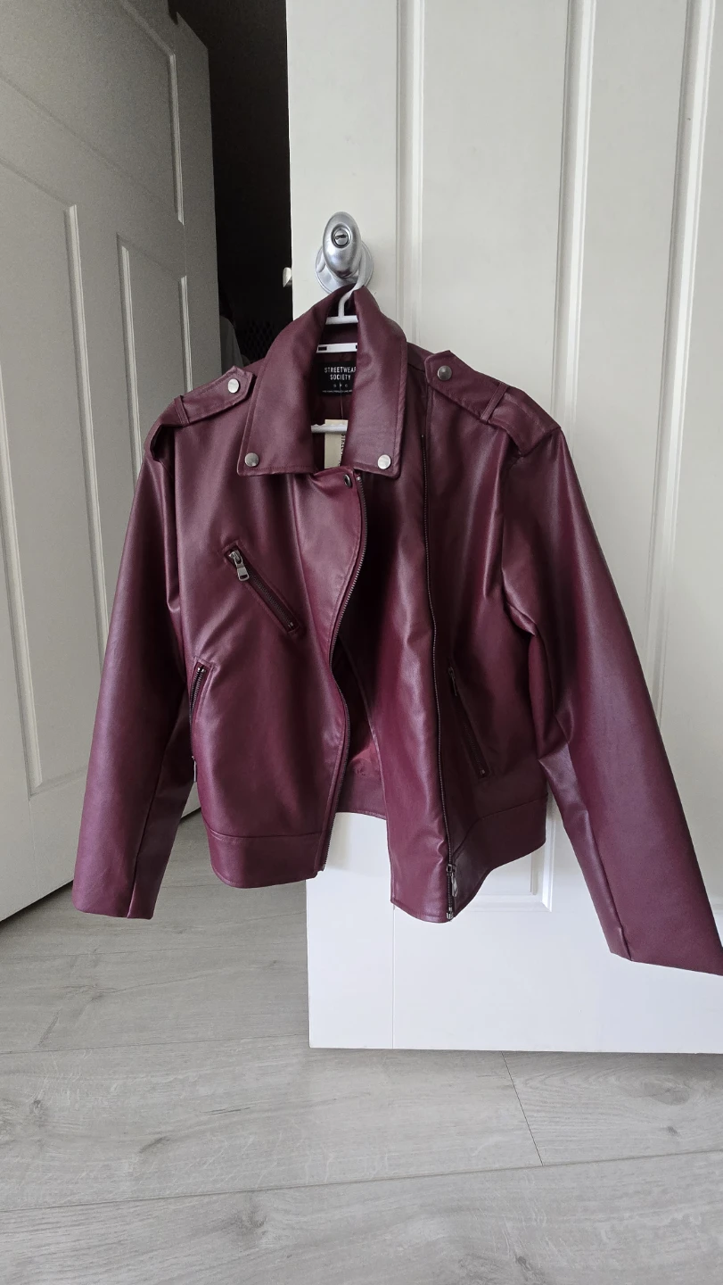 Maroon Faux Leather Moto Jacket - Size Small
