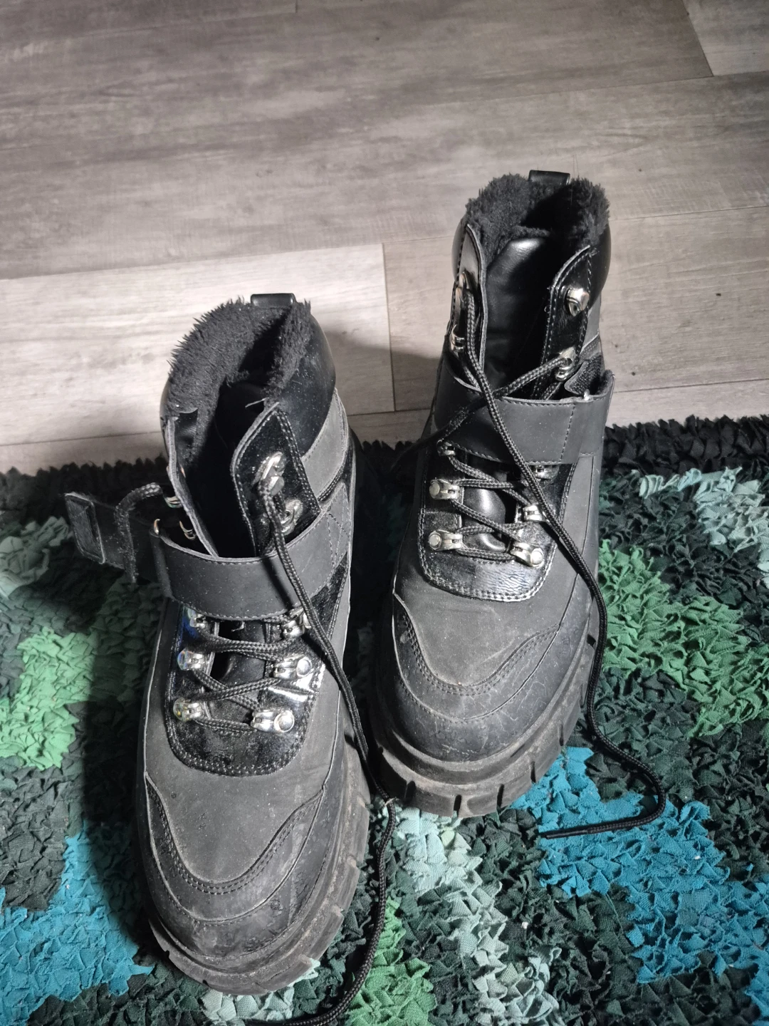 Black Platform Combat Boots with Fur Lining