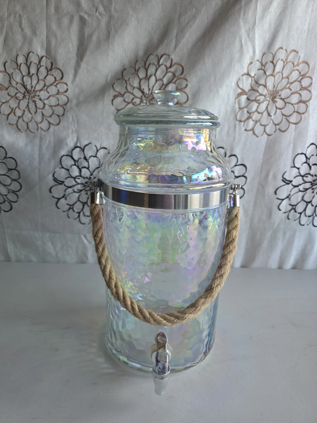Iridescent Glass Beverage Dispenser with Rope Handles