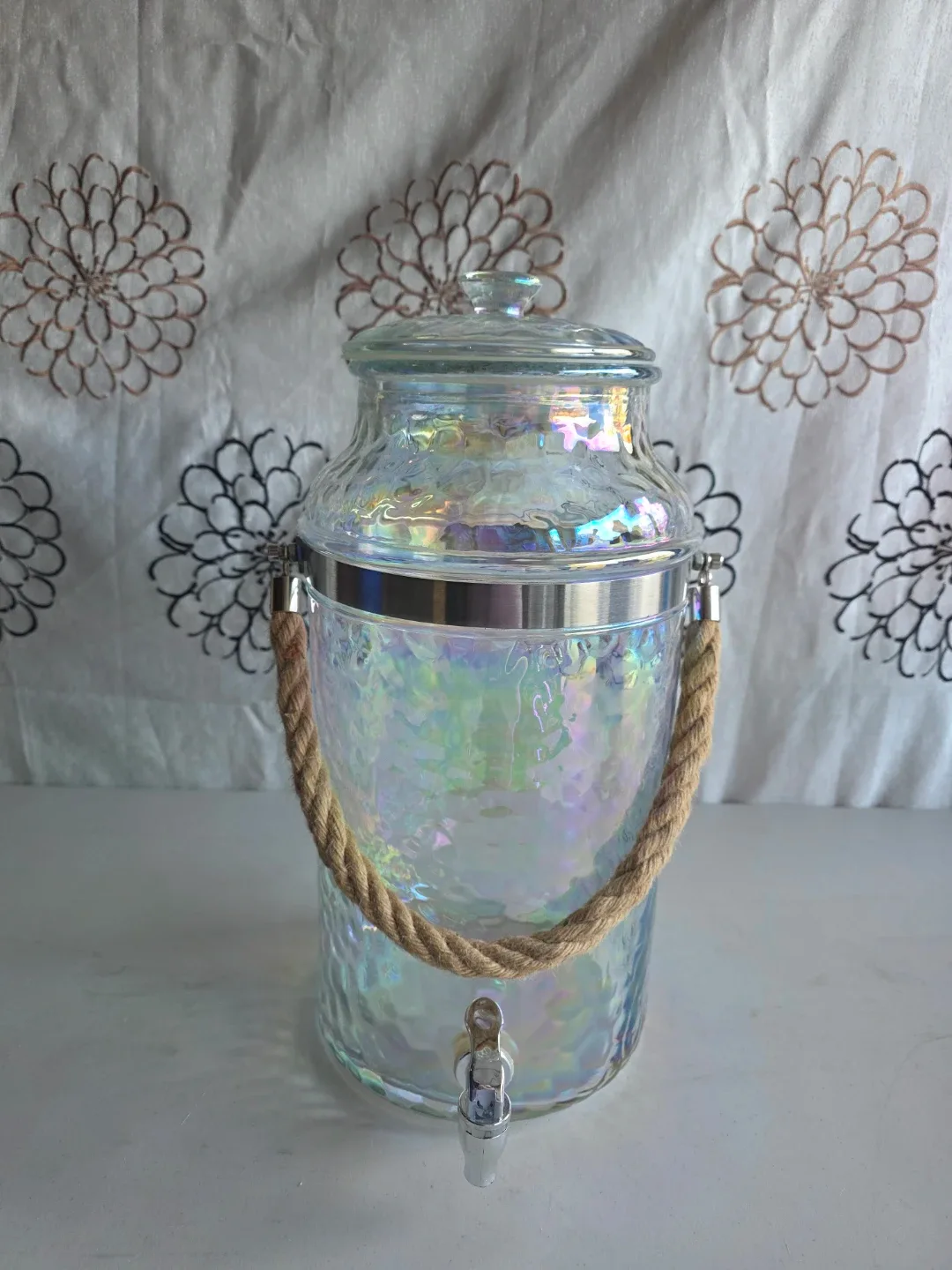 Iridescent Glass Beverage Dispenser with Rope Handles