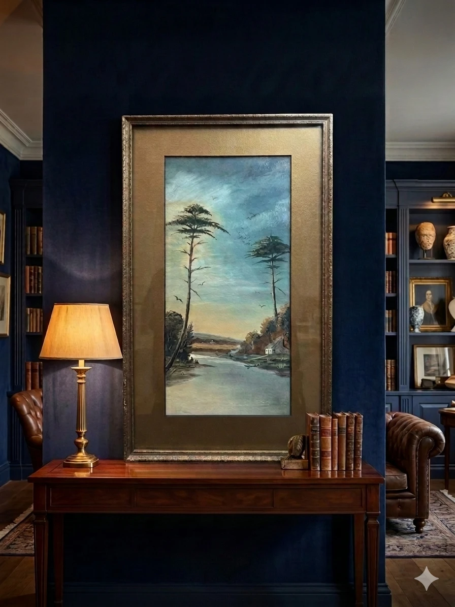 Vintage Mid-Century Modern Atmospheric Landscape – Signed "T.M."