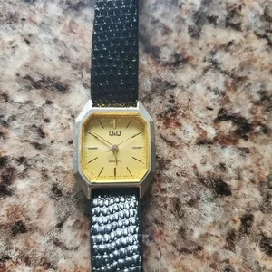 Q&Q Quartz Watch with Black Faux Leather Band