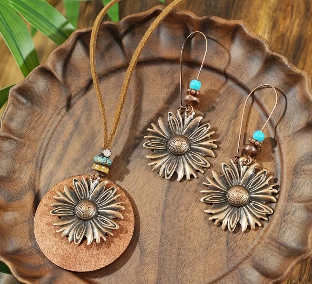 Bronze Sunflower Pendant Necklace and Earrings Set