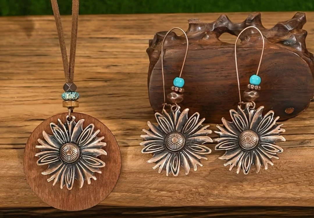 Bronze Sunflower Pendant Necklace and Earrings Set - photo 3